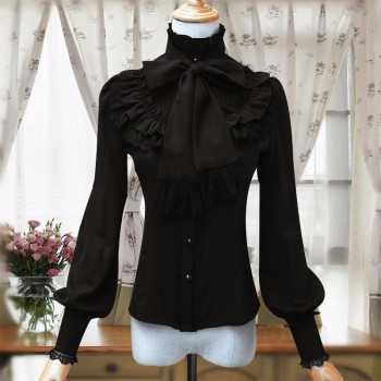 PYJTRL Vintage LOLITA Wine Red Black Blue White Long Sleeve Chiffon Shirt Women Stand Collar Elegant Blusas Female Gothic Blouse