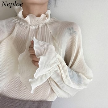 Neploe Korean Vintage Fashion Blouse 2019 Spring Newly Stand Collar Women Shirts Puff Sleeve Patchwork Pleated Blusas 67036