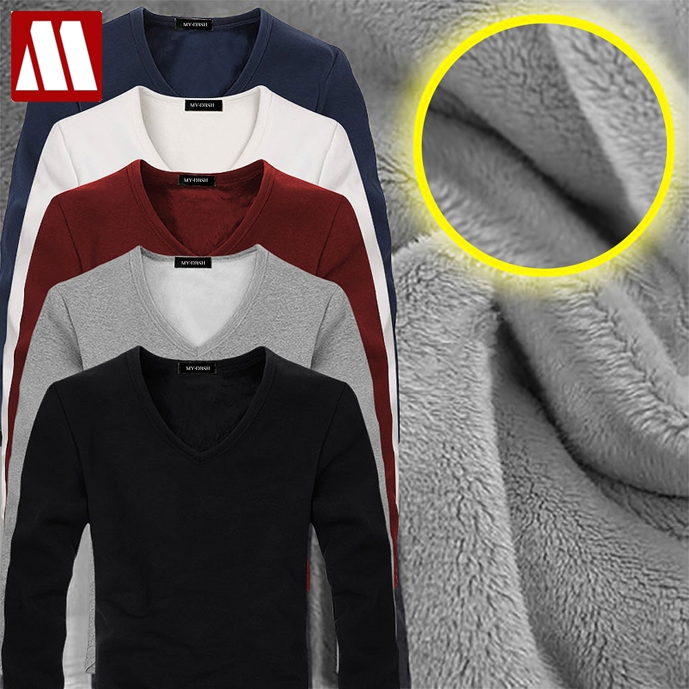 2019 High Quality Autumn Winter Mens Warm Thermal tshirt Man Long Sleeve Casual V Neck Velvet Thick Plus Thick T-Shirt Male Tees