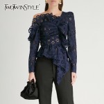 TWOTWINSTYLE Lace Shirts Blouse Female Long Sleeve Off Shoulder Hollow Out Asymmetrical Tops Female Autumn 2018 Sexy Fashion