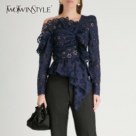 TWOTWINSTYLE Lace Shirts Blouse Female Long Sleeve Off Shoulder Hollow Out Asymmetrical Tops Female Autumn 2018 Sexy Fashion