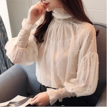 Plus Size 2XL Women Top lantern Sleeve Autumn Spring Blouse Beading Elegant Blouse Chiffon Pearl Shirt
