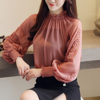 New 2018 Autumn Women Blouses Chiffon Shirt Loose Lantern Long Sleeves Lace Stitching Bottoming Shirt  Female Tops Blusa 0792 30