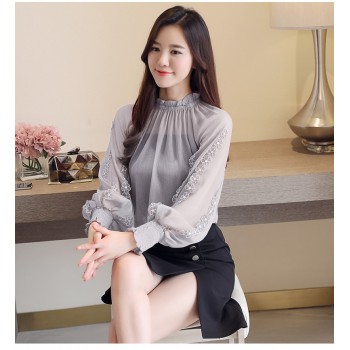 New 2018 Autumn Women Blouses Chiffon Shirt Loose Lantern Long Sleeves Lace Stitching Bottoming Shirt  Female Tops Blusa 0792 30