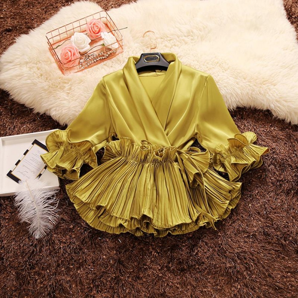 2018 spring and summer new female Deep V-neck ruffles lace up chiffon shirt womens three Quarter sleeve shirts women blouses