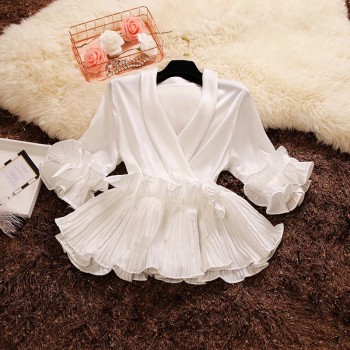 2018 spring and summer new female Deep V-neck ruffles lace up chiffon shirt womens three Quarter sleeve shirts women blouses