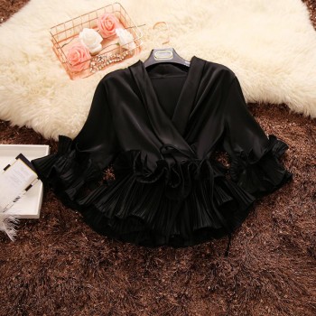 2018 spring and summer new female Deep V-neck ruffles lace up chiffon shirt womens three Quarter sleeve shirts women blouses