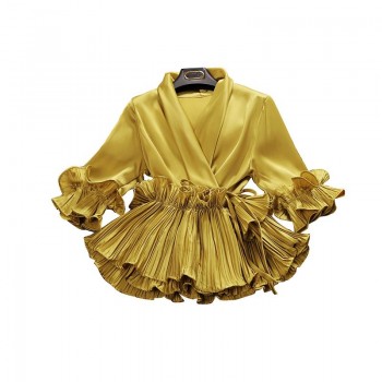 2018 spring and summer new female Deep V-neck ruffles lace up chiffon shirt womens three Quarter sleeve shirts women blouses