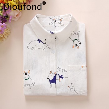 Dioufond Animals Cotton Female Blouses Pockets Long Sleeves Ladies Shirts Dog Bee Casual Womens Shirt Camisa Femininas 2018 New