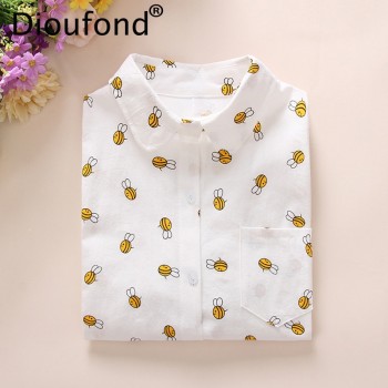 Dioufond Animals Cotton Female Blouses Pockets Long Sleeves Ladies Shirts Dog Bee Casual Womens Shirt Camisa Femininas 2018 New