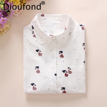 Dioufond Animals Cotton Female Blouses Pockets Long Sleeves Ladies Shirts Dog Bee Casual Womens Shirt Camisa Femininas 2018 New