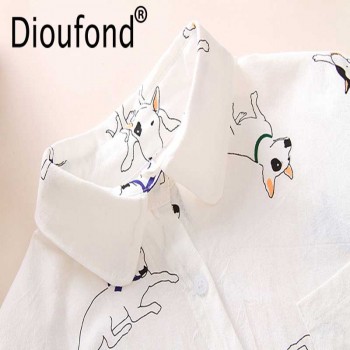 Dioufond Animals Cotton Female Blouses Pockets Long Sleeves Ladies Shirts Dog Bee Casual Womens Shirt Camisa Femininas 2018 New