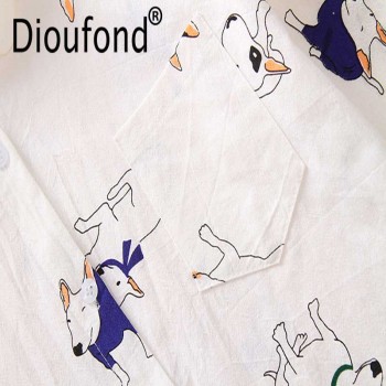 Dioufond Animals Cotton Female Blouses Pockets Long Sleeves Ladies Shirts Dog Bee Casual Womens Shirt Camisa Femininas 2018 New
