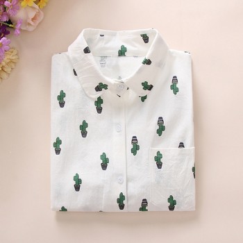 Dioufond Animals Cotton Female Blouses Pockets Long Sleeves Ladies Shirts Dog Bee Casual Womens Shirt Camisa Femininas 2018 New
