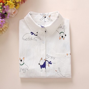 Dioufond Animals Cotton Female Blouses Pockets Long Sleeves Ladies Shirts Dog Bee Casual Womens Shirt Camisa Femininas 2018 New