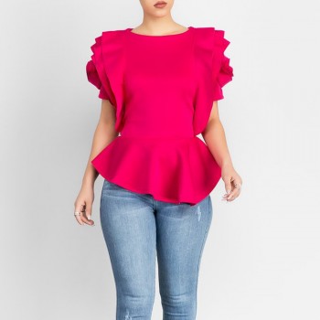 2018 Women Fashion Summer O-Neck Ruffles Sleeve Asymmetric Hem Slim Tops Blouse