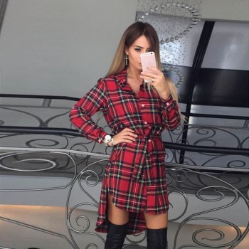 Women Blouses Long Sleeve Plaid Shirts Turn Down Collar Shirt Casual Tunic Feminine Irregular Blouses Plus Size Tops LJ5932M