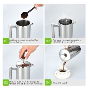ROKENE Coffee Press Stainless Steel French Press Cafetiere Coffee Maker Double Walled Construction 3 Pieces Gifts 350 800 1000ML