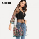 SHEIN Flower Embroidered Mesh Kimono Black Boho Longline Sexy Blouse Women Summer Beach Vacation  Long Sleeve Plain Kimono