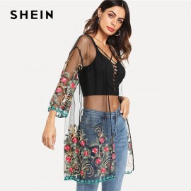 SHEIN Flower Embroidered Mesh Kimono Black Boho Longline Sexy Blouse Women Summer Beach Vacation  Long Sleeve Plain Kimono