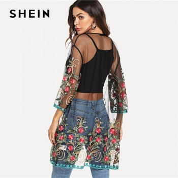SHEIN Flower Embroidered Mesh Kimono Black Boho Longline Sexy Blouse Women Summer Beach Vacation  Long Sleeve Plain Kimono