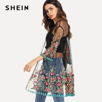 SHEIN Flower Embroidered Mesh Kimono Black Boho Longline Sexy Blouse Women Summer Beach Vacation  Long Sleeve Plain Kimono