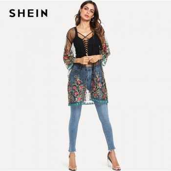 SHEIN Flower Embroidered Mesh Kimono Black Boho Longline Sexy Blouse Women Summer Beach Vacation  Long Sleeve Plain Kimono
