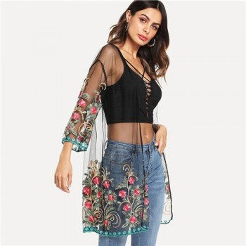 SHEIN Flower Embroidered Mesh Kimono Black Boho Longline Sexy Blouse Women Summer Beach Vacation  Long Sleeve Plain Kimono