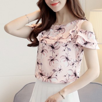 2018 Women Off Shoulder Short Sleeve Blouses Print Floral Chiffon Shirts Casual Ladies Clothing Female Blusas Women Tops 62G 30