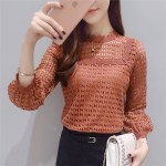 Free Shipping 2019 New Long Sleeve Women tops Lace O-neck ruff Sleeve Fashion spring brown Black Blouse Shirts women Blouses 16J