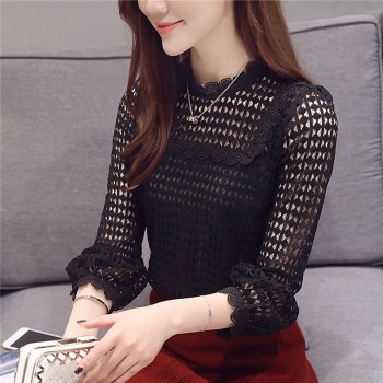 Free Shipping 2019 New Long Sleeve Women tops Lace O-neck ruff Sleeve Fashion spring brown Black Blouse Shirts women Blouses 16J