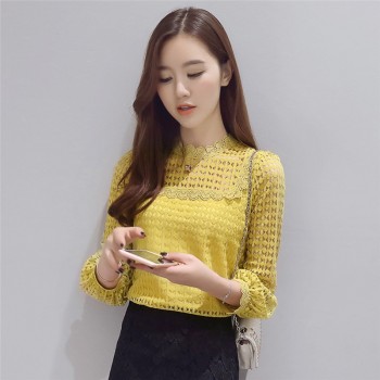 Free Shipping 2019 New Long Sleeve Women tops Lace O-neck ruff Sleeve Fashion spring brown Black Blouse Shirts women Blouses 16J