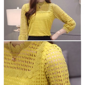 Free Shipping 2019 New Long Sleeve Women tops Lace O-neck ruff Sleeve Fashion spring brown Black Blouse Shirts women Blouses 16J