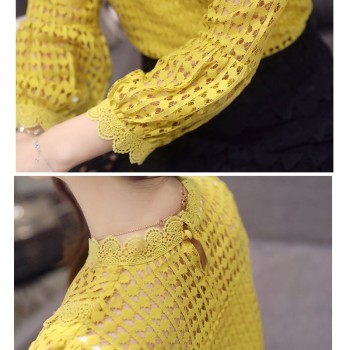 Free Shipping 2019 New Long Sleeve Women tops Lace O-neck ruff Sleeve Fashion spring brown Black Blouse Shirts women Blouses 16J