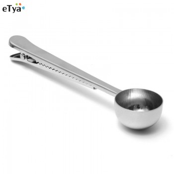 eTya 1PC Durable Stainless Steel Spoon With Bag Clip Ground Tea Coffee Scoop With Portable Bag Seal Clip powder Measuring tools