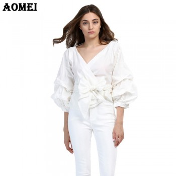 Women Red Gingham Peplum Tops White 3/4 Puff Sleeve Checkered Blouse V Neck Lady Summer Shirts Female Clothes Blusas Bow Tie