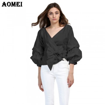 Women Red Gingham Peplum Tops White 3/4 Puff Sleeve Checkered Blouse V Neck Lady Summer Shirts Female Clothes Blusas Bow Tie