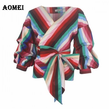 Women Red Gingham Peplum Tops White 3/4 Puff Sleeve Checkered Blouse V Neck Lady Summer Shirts Female Clothes Blusas Bow Tie