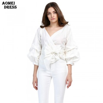 Women Red Gingham Peplum Tops White 3/4 Puff Sleeve Checkered Blouse V Neck Lady Summer Shirts Female Clothes Blusas Bow Tie