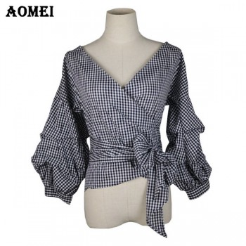 Women Red Gingham Peplum Tops White 3/4 Puff Sleeve Checkered Blouse V Neck Lady Summer Shirts Female Clothes Blusas Bow Tie