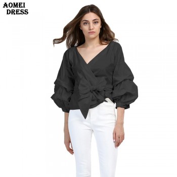 Women Red Gingham Peplum Tops White 3/4 Puff Sleeve Checkered Blouse V Neck Lady Summer Shirts Female Clothes Blusas Bow Tie