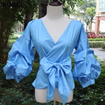 Women Red Gingham Peplum Tops White 3/4 Puff Sleeve Checkered Blouse V Neck Lady Summer Shirts Female Clothes Blusas Bow Tie