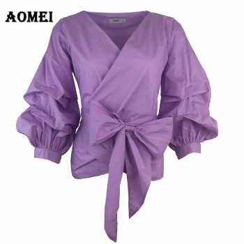 Women Red Gingham Peplum Tops White 3/4 Puff Sleeve Checkered Blouse V Neck Lady Summer Shirts Female Clothes Blusas Bow Tie
