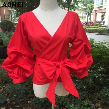 Women Red Gingham Peplum Tops White 3/4 Puff Sleeve Checkered Blouse V Neck Lady Summer Shirts Female Clothes Blusas Bow Tie