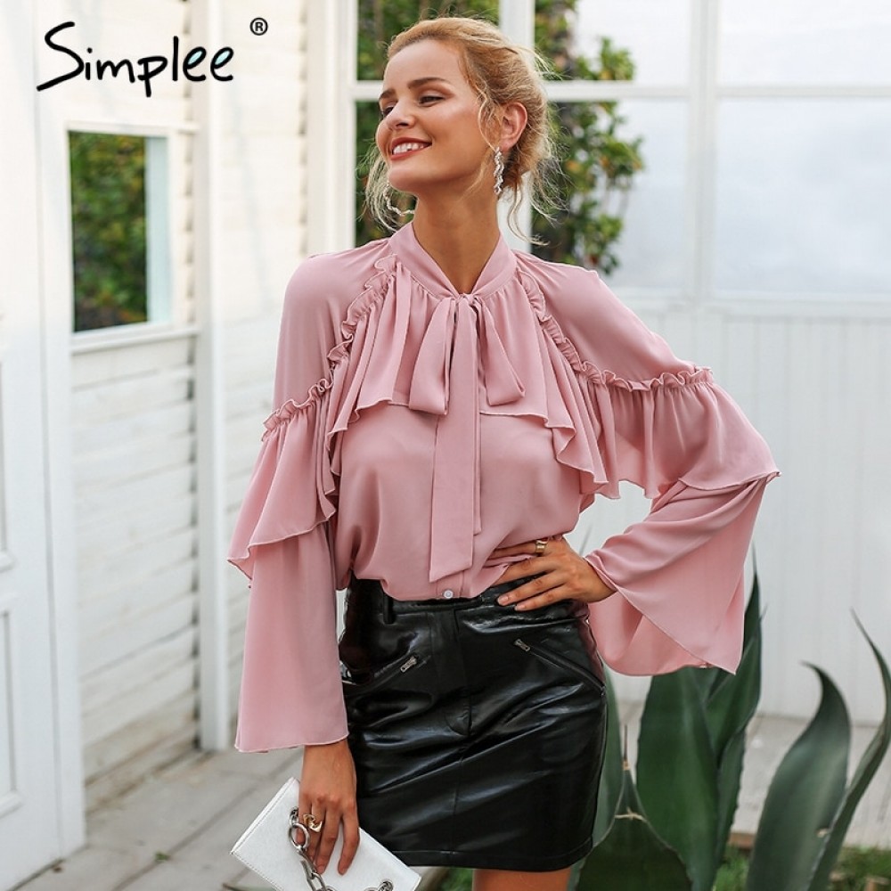 Simplee women long layered flare sleeve blouse Temperament lace up ladies chiffon blouses 2018 Autumn winter ruffle blouse shirt
