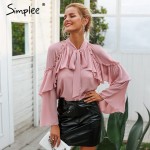 Simplee women long layered flare sleeve blouse Temperament lace up ladies chiffon blouses 2018 Autumn winter ruffle blouse shirt