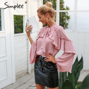 Simplee women long layered flare sleeve blouse Temperament lace up ladies chiffon blouses 2018 Autumn winter ruffle blouse shirt