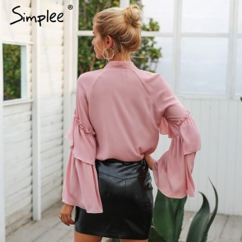 Simplee women long layered flare sleeve blouse Temperament lace up ladies chiffon blouses 2018 Autumn winter ruffle blouse shirt