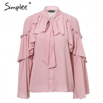 Simplee women long layered flare sleeve blouse Temperament lace up ladies chiffon blouses 2018 Autumn winter ruffle blouse shirt