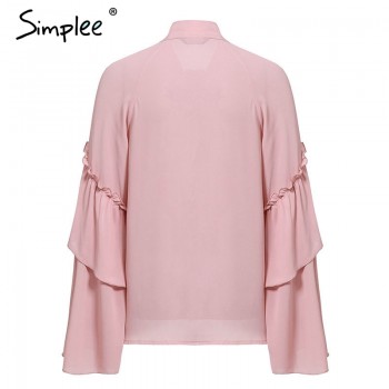 Simplee women long layered flare sleeve blouse Temperament lace up ladies chiffon blouses 2018 Autumn winter ruffle blouse shirt